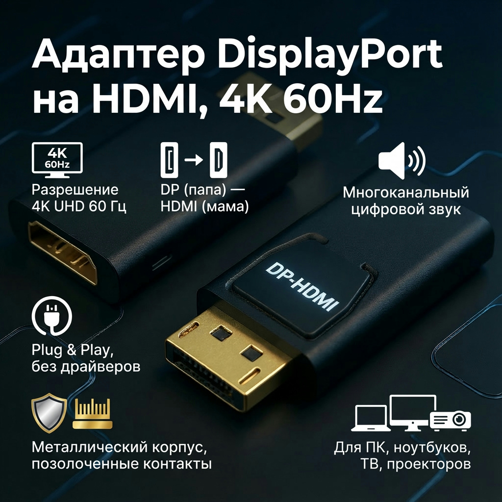 Адаптер DisplayPort на HDMI, 4K 60Hz — изображение 2