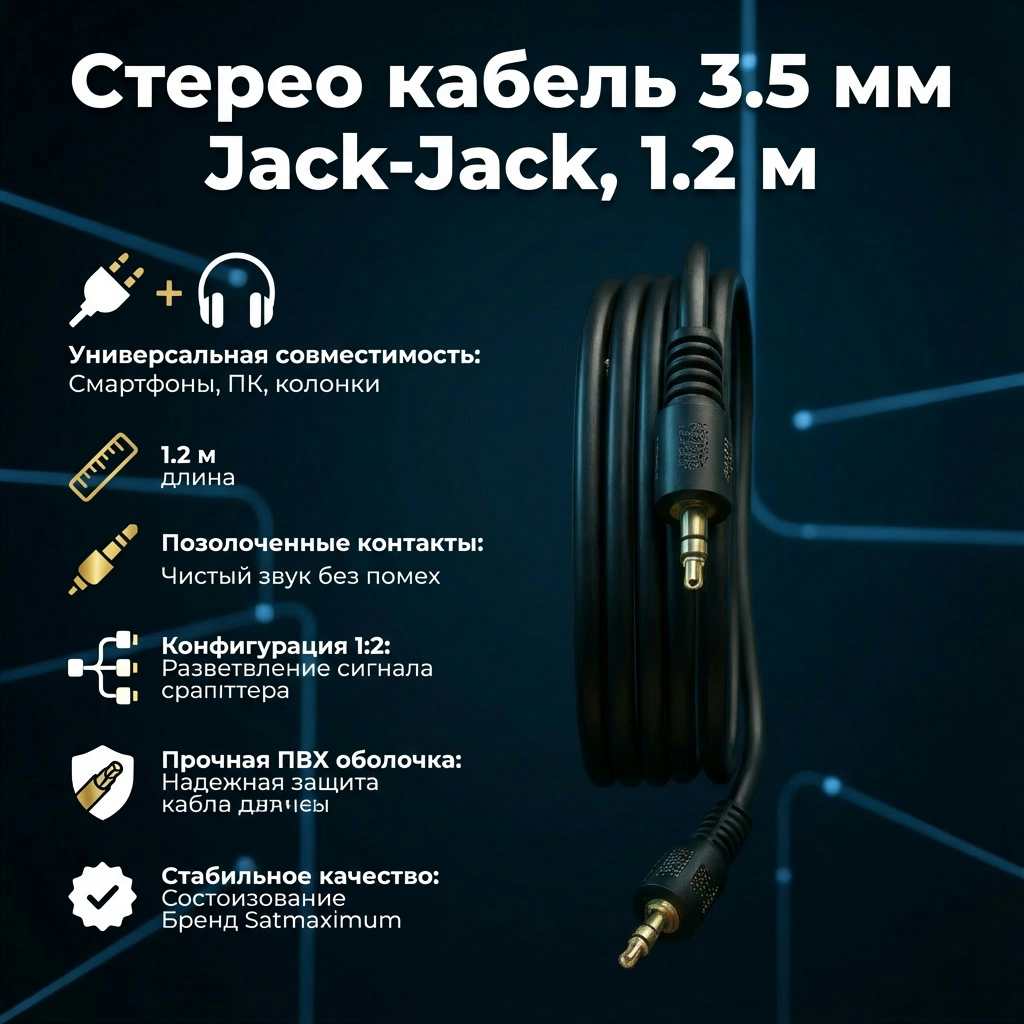 Стерео кабель 3.5 мм Jack-Jack для аудио, 1.2 м — изображение 2