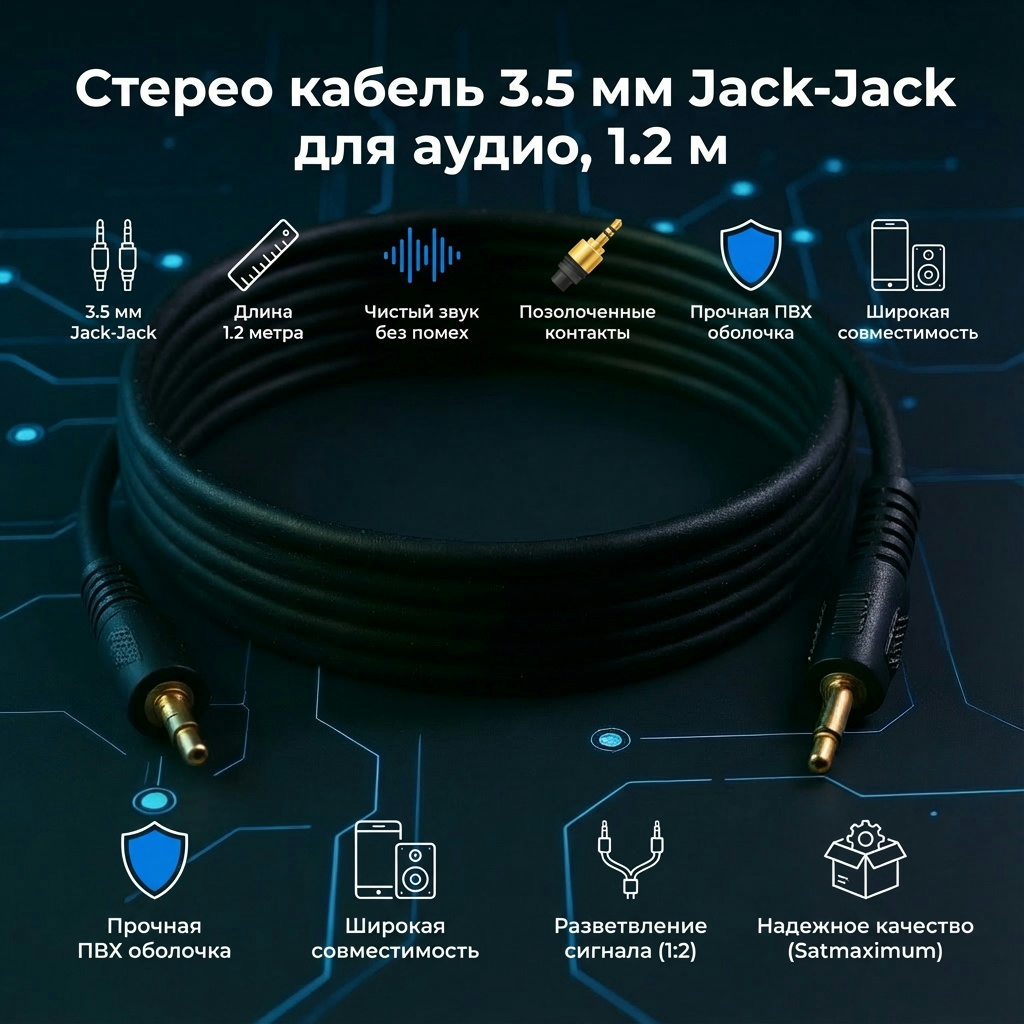 Стерео кабель 3.5 мм Jack-Jack для аудио, 1.2 м — изображение 3