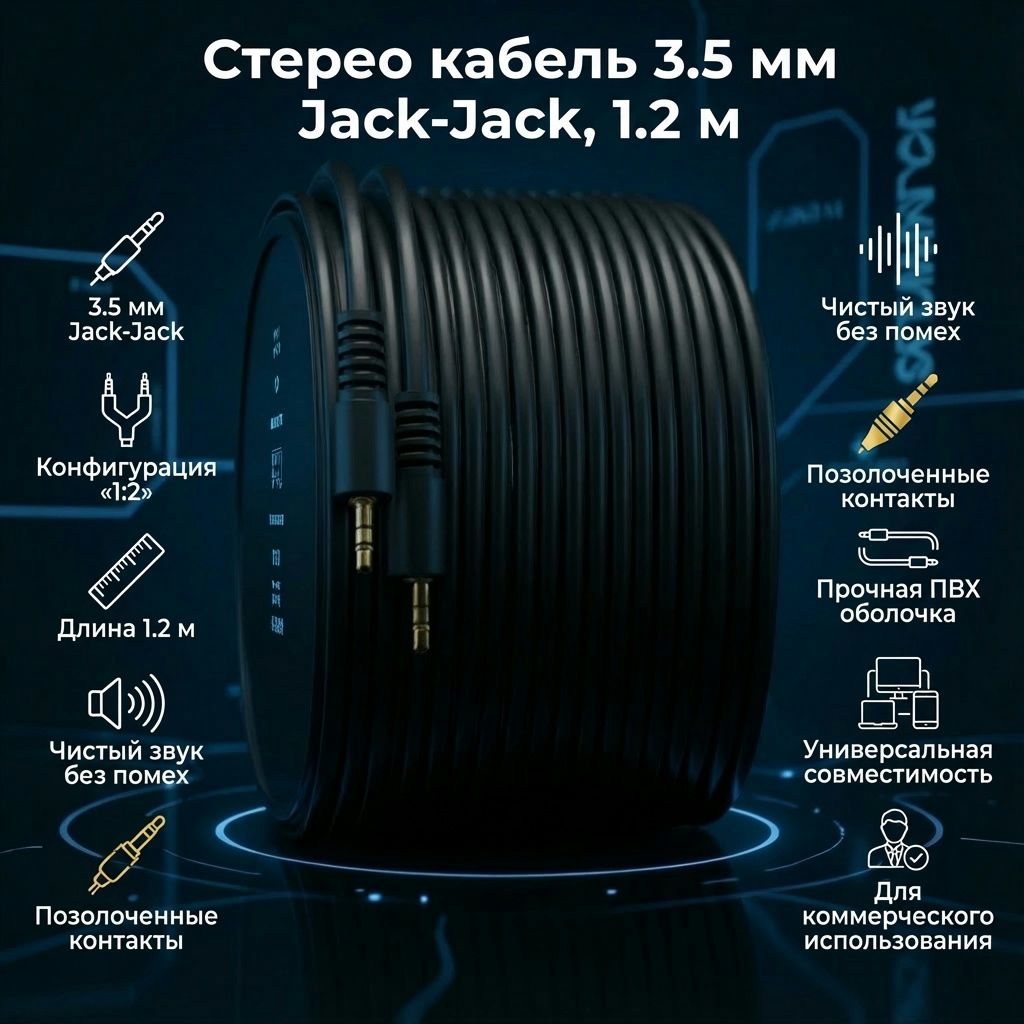 Стерео кабель 3.5 мм Jack-Jack для аудио, 1.2 м