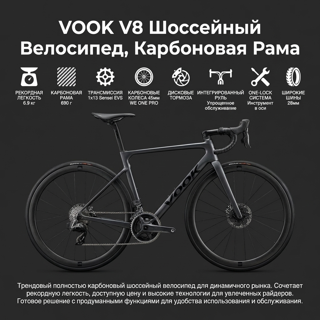 Шоссейный велосипед VOOK V8, карбоновая рама — изображение 3